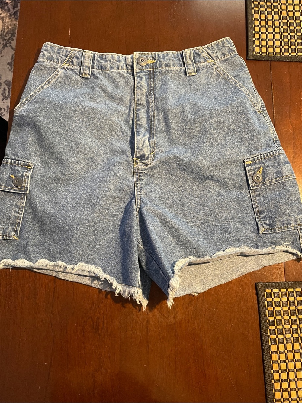 Route 66 Light Blue Denim Cargo Shorts with Frayed Hem